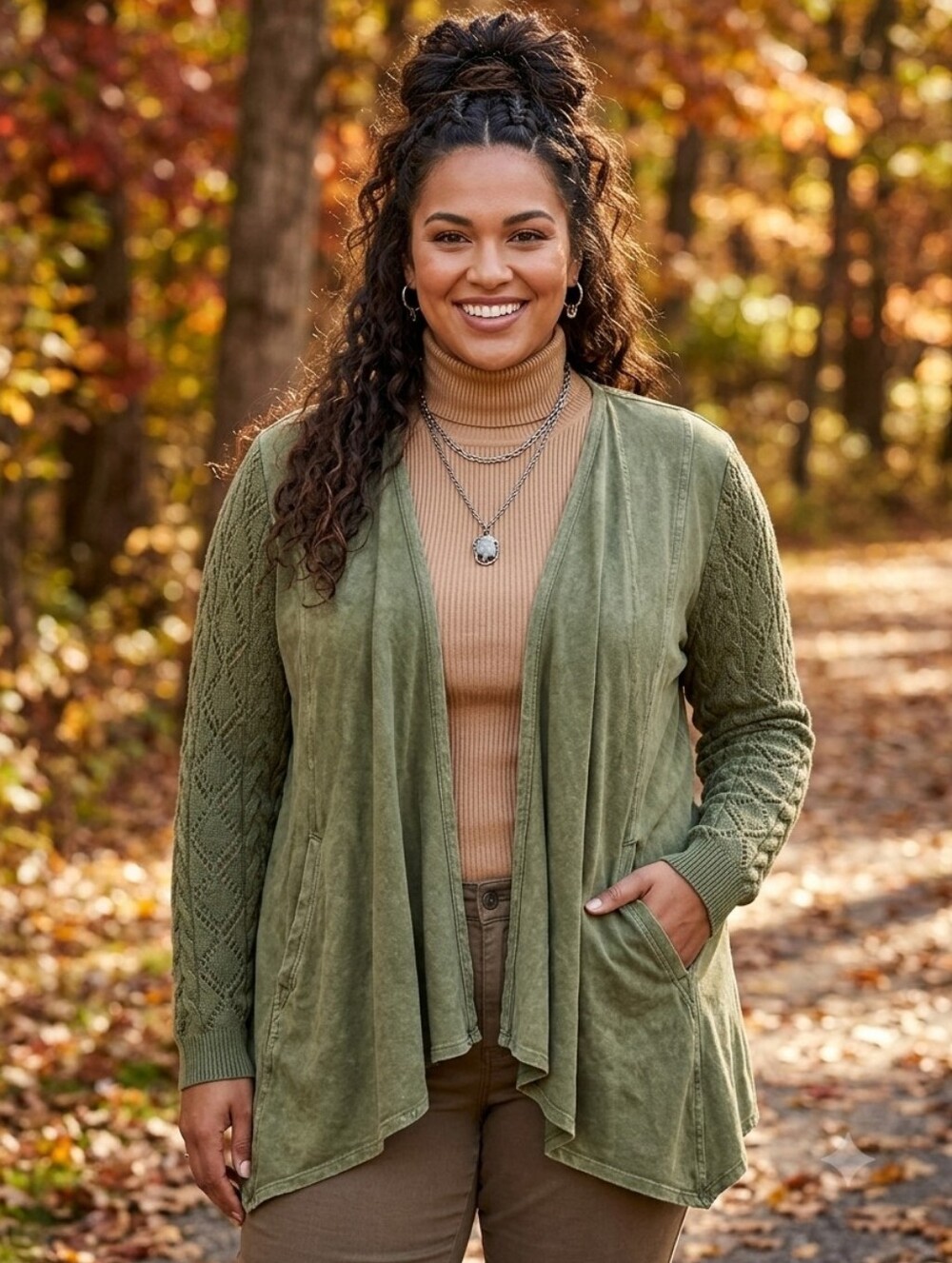 Boho Cardigan Open Front Draped Lagenlook Olive Knit Acid Wash Cotton Pocket New